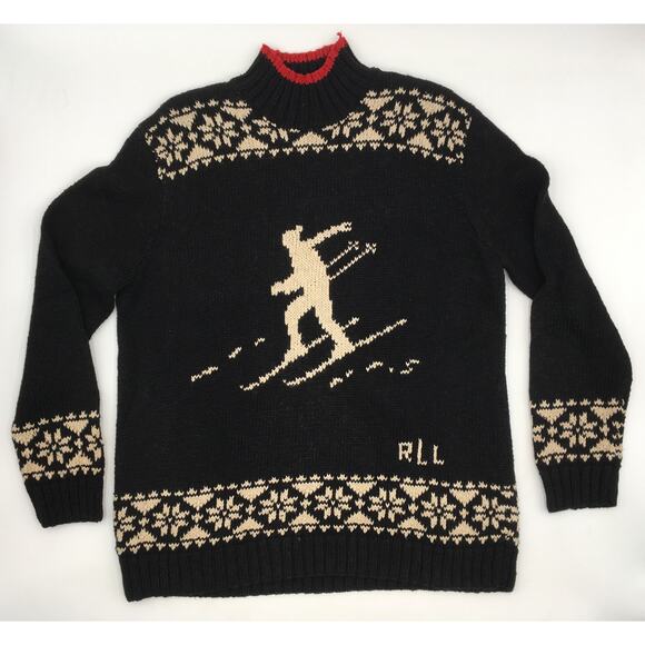 Vintage Ralph Lauren Downhill Ski Hand Knit Mock Turtleneck Sweater Size L - Picture 1 of 2